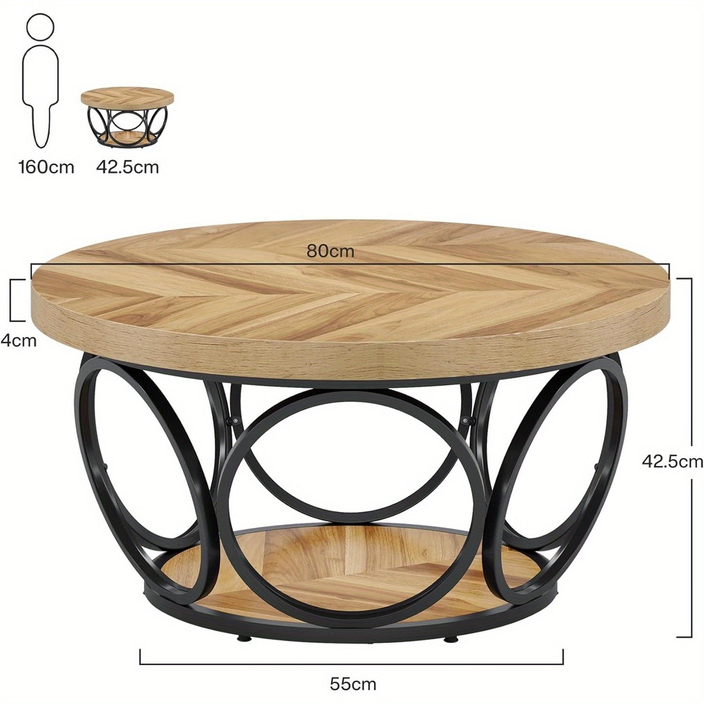 Ronde Salontafel – Ronde Tafel – Houten Tafel – Woonkamertafel – Farmhouse Tafel – 80 cm Diameter – 2-Tier Opbergruimte – E1 MDF Metalen Frame
