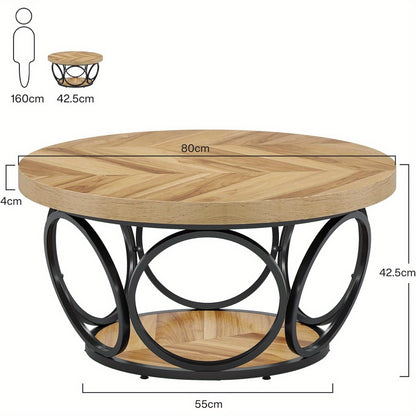 Ronde Salontafel – Ronde Tafel – Houten Tafel – Woonkamertafel – Farmhouse Tafel – 80 cm Diameter – 2-Tier Opbergruimte – E1 MDF Metalen Frame