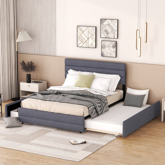 Bedframe – Tweepersoonsbed – Platformbed – Slaapbank – Opbergbed – Grijs Linnen – 140x200 cm – Inclusief 2 Opberglades