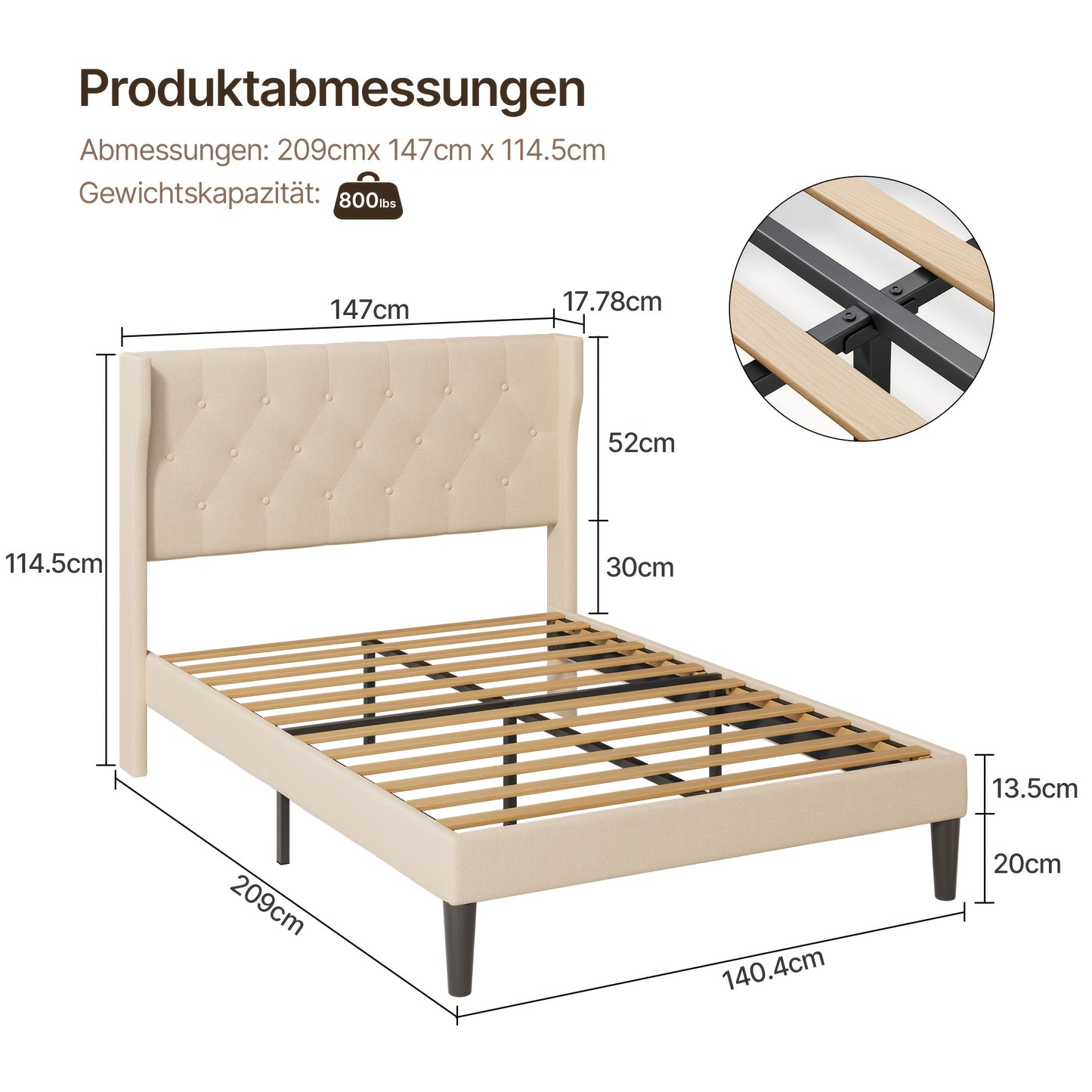 Tweepersoonsbedframe – Bedframe – Ledikant – Slaapbed – Onderbedkast – Modern Design – 140x200 cm – Hout & Metaal – 20 cm Opbergruimte