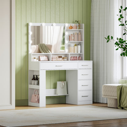 Dressing Table with Large HD Mirror, Dressing Table with LED Light, Dressing Table with 6 Open Compartments, 5 Drawers And Side Open Storage, Bedroom Room, Simple, White, Dressing Mirror with Storage, Dressing Mirror with LED