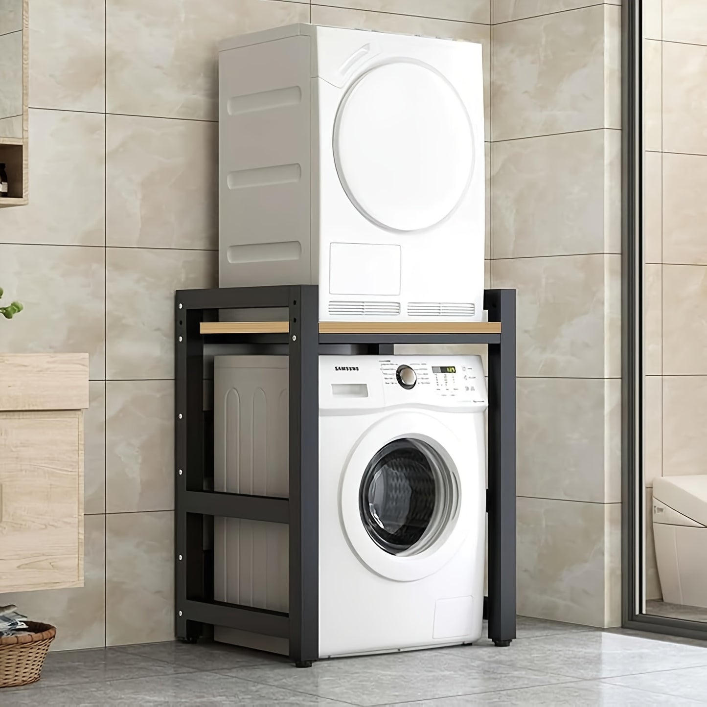 Wasmachine- en Drogerstandaard – Wasmachinehouder – Stapelrek – Wasmachine Lift – Drogerrek – Verstelbare Hoogte – Stevig Smeedijzer Teak Kleur