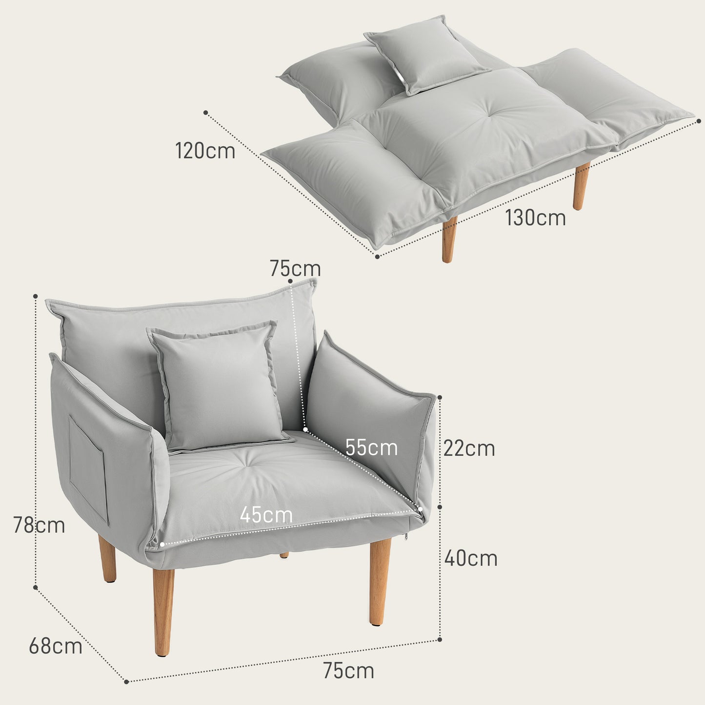 Lounge Stoel – Fauteuil – Zitzak – Relaxstoel – Vloerstoel – Verstelbaar – Zacht Kussen – Lichtgrijs