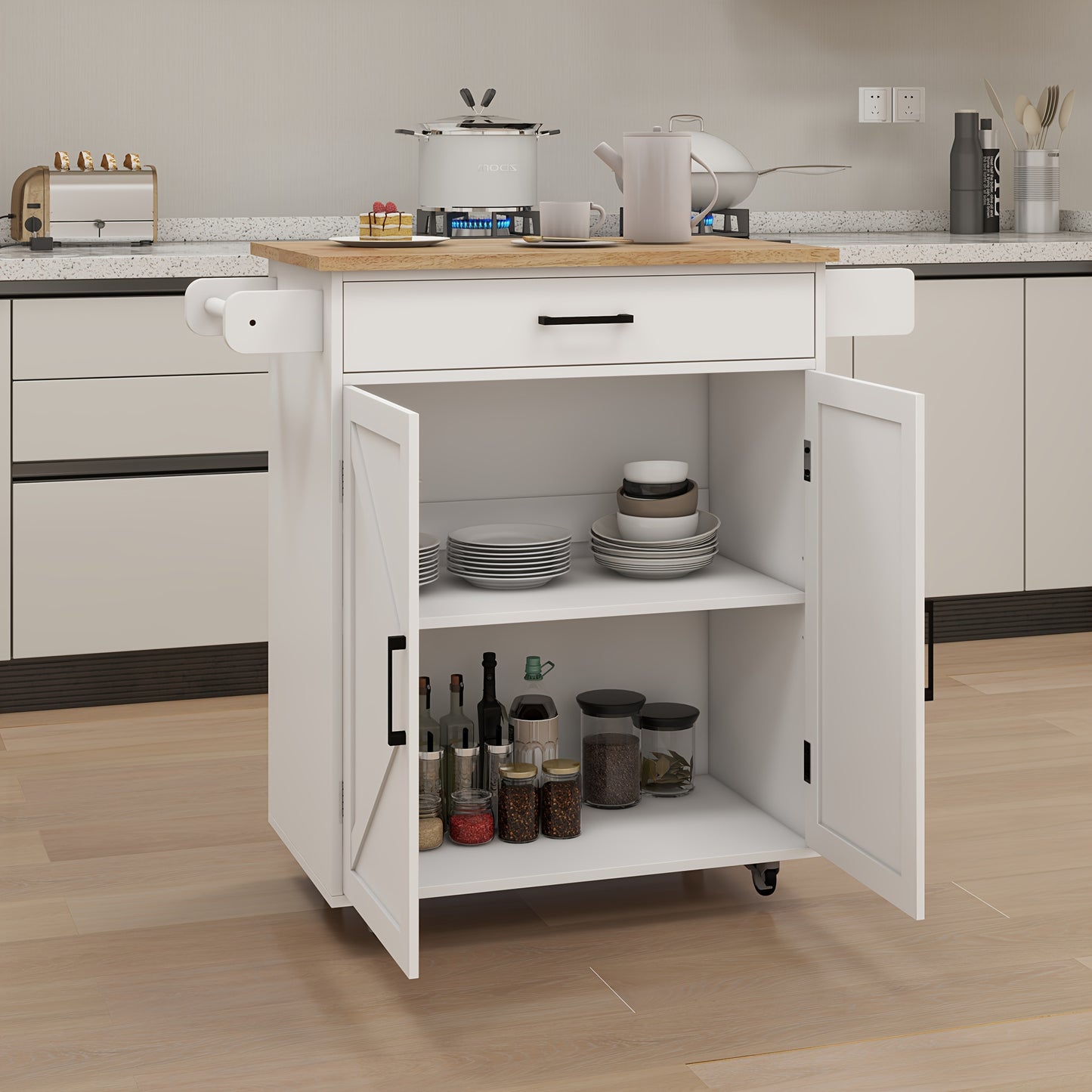Keukenwagen – Keukentrolley – Keukenkast – Serveerwagen – Keukeneiland – Compact Formaat – Duurzaam Bamboe Werkblad