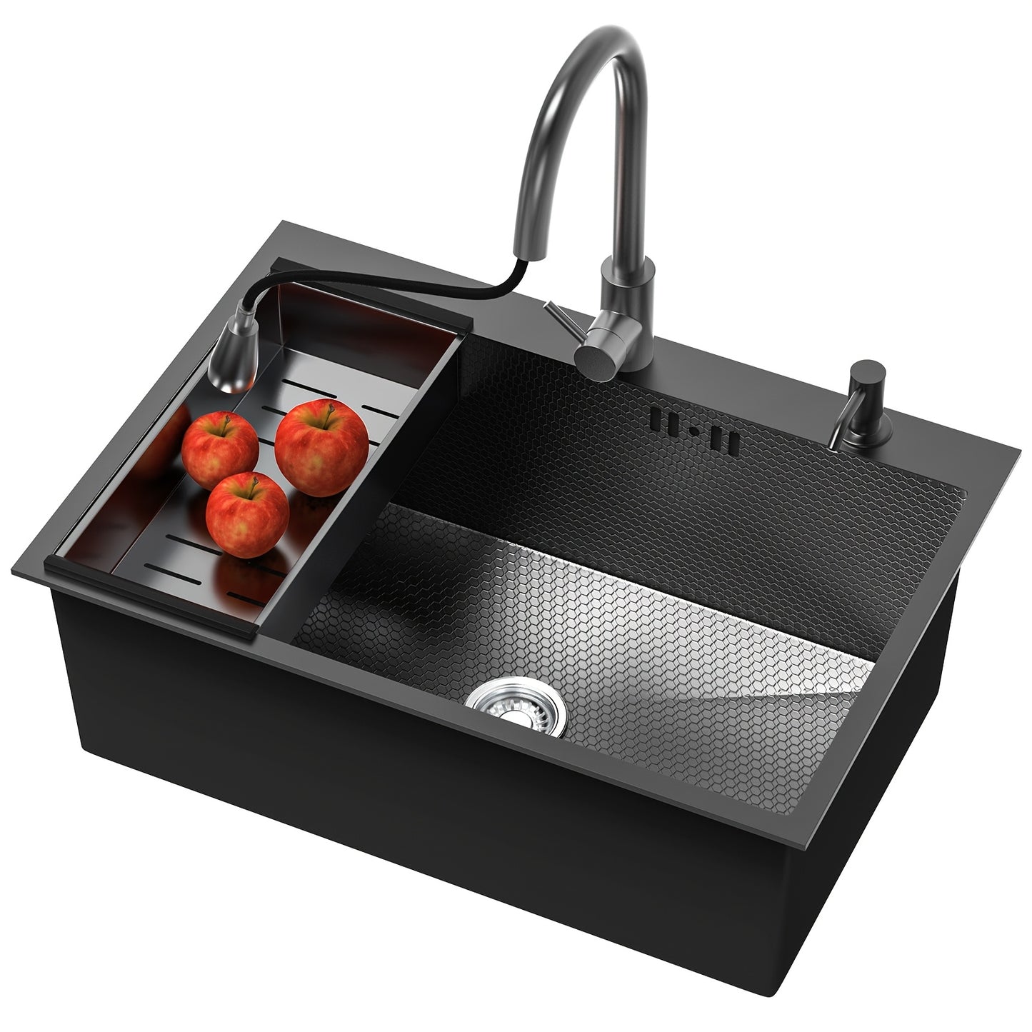 Stainless Steel Handmade Sink with Single Slot, Black Honeycomb Embossed Sink, Countertop Sink with Pull-Out Faucet, Soap Dispenser, Drain Basket, And Drainage Kit 80X50Cm