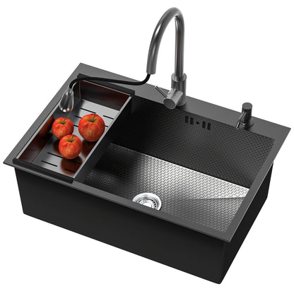 Stainless Steel Handmade Sink with Single Slot, Black Honeycomb Embossed Sink, Countertop Sink with Pull-Out Faucet, Soap Dispenser, Drain Basket, And Drainage Kit 80X50Cm