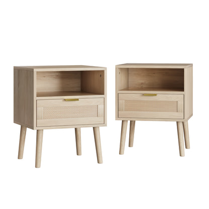 Nachtkastje – Bedside Table – Bijzettafel – Nachtkast – Kastje – Bohemian Stijl – Open Planken – Mid-Century Modern – Gouden Handgrepen – 45 x 40 x 55 cm