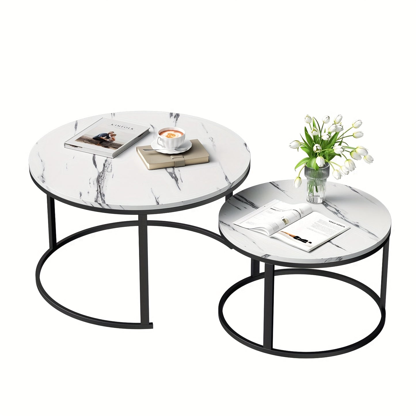 Ronde Salontafel – Bijzettafel – Sofa Tafel – Kleine Tafel – Decoratieve Woonkamertafel – 2-In-1 Set – Wit Hoogglans – MDF Met Metalen Frame