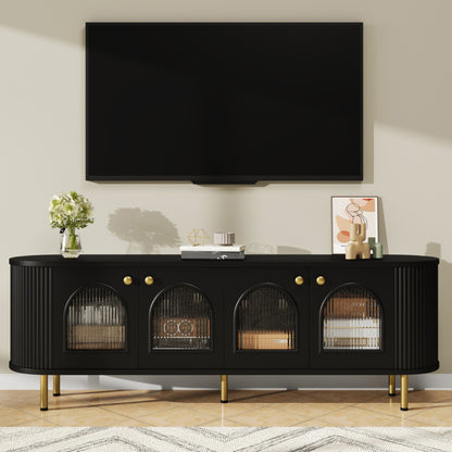 Tv-meubel – Lowboard – TV-kast – Media meubel – TV-dressoir – Zwart MDF met glazen deuren – Gouden handgrepen en poten – Ruime opbergruimte – Afgeronde hoeken
