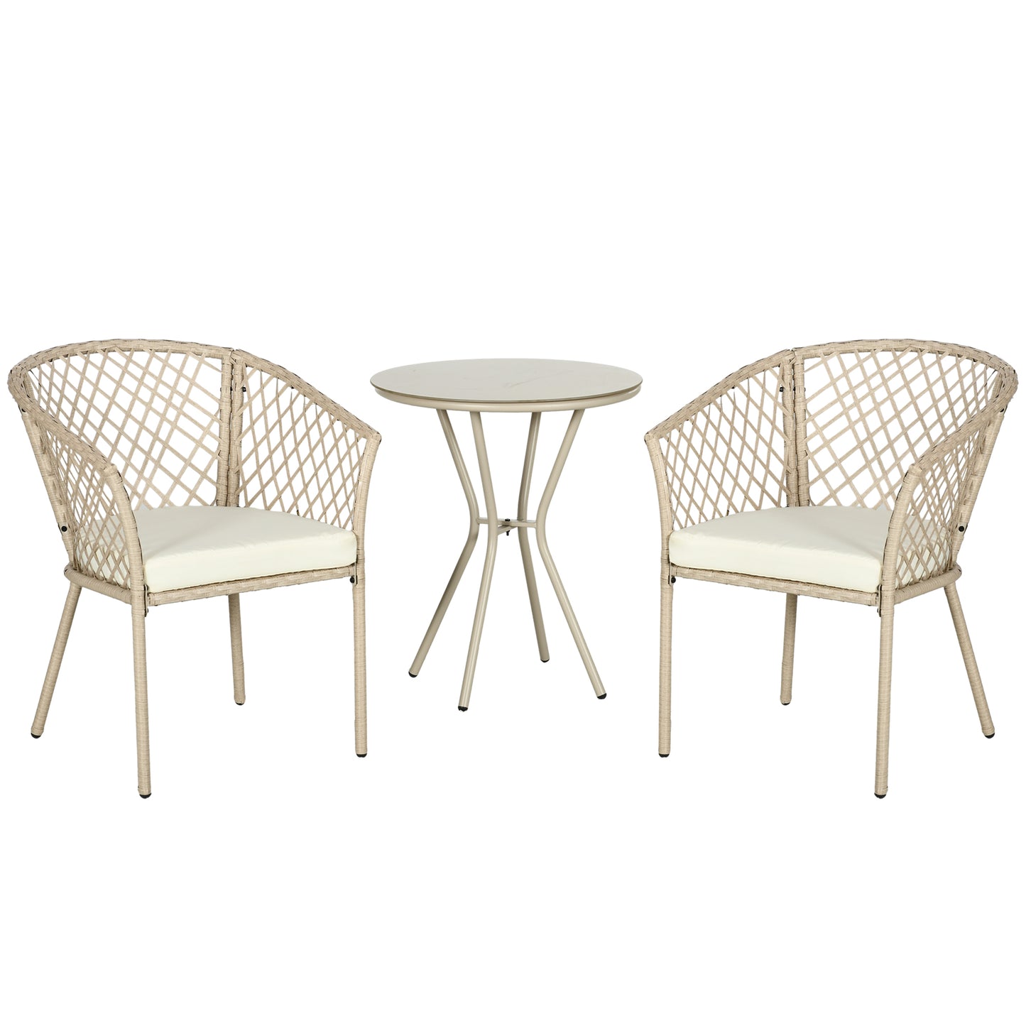Bistroset – Tuinset – Balkonset – Tuintafelset – Buitenmeubelset – 3-delig – Met Kussens – Ronde Tafel Met Gehard Glas – Weerbestendig Rattan Effect – Beige