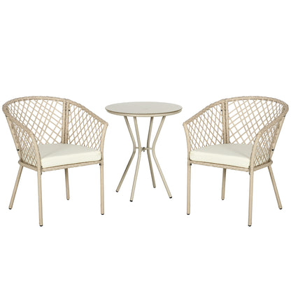 Bistroset – Tuinset – Balkonset – Tuintafelset – Buitenmeubelset – 3-delig – Met Kussens – Ronde Tafel Met Gehard Glas – Weerbestendig Rattan Effect – Beige