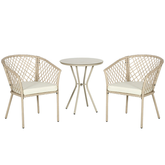 Bistroset – Tuinset – Balkonset – Tuintafelset – Buitenmeubelset – 3-delig – Met Kussens – Ronde Tafel Met Gehard Glas – Weerbestendig Rattan Effect – Beige