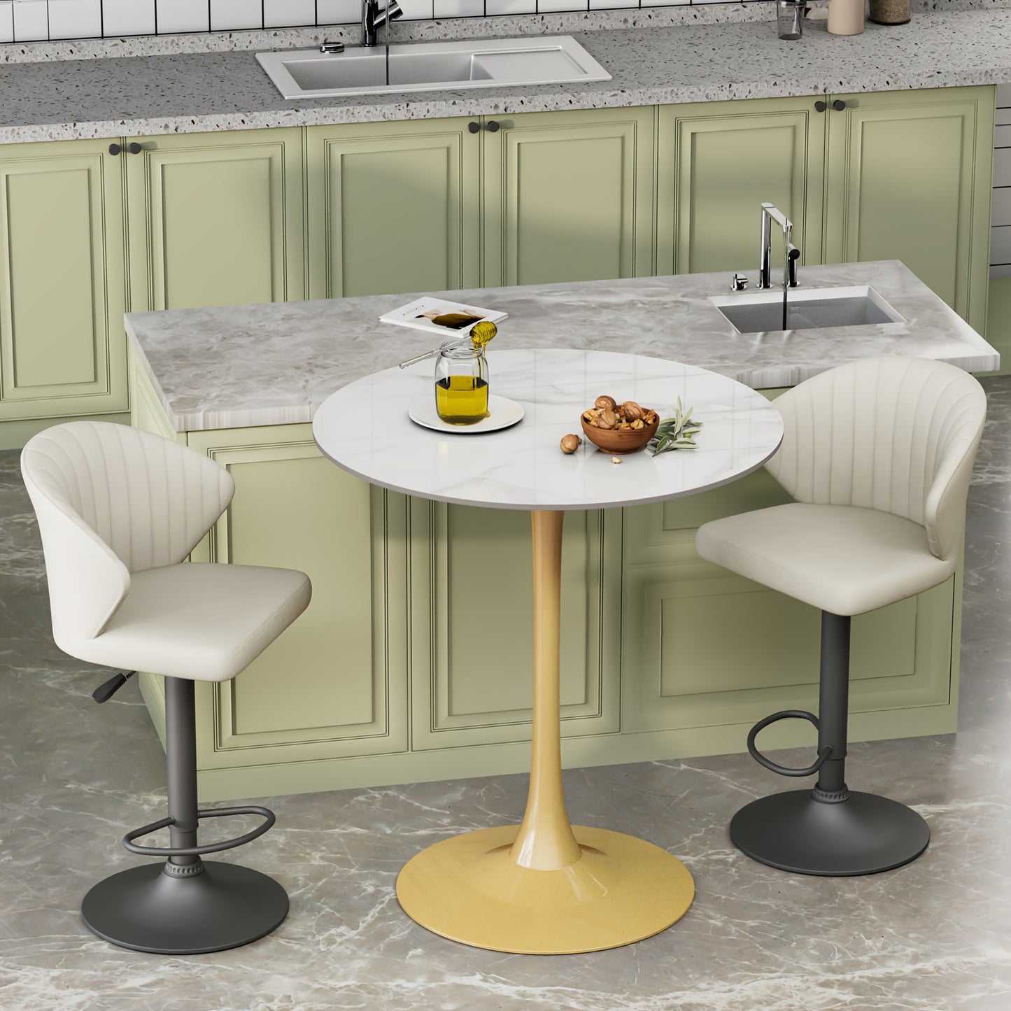 Witte Marmeren Tafel – Eettafel – Bistrotafel – Terrastafel – Hoteltafel – Vlam- en Vlekbestendig – Metalen Frame Gouden Accenten