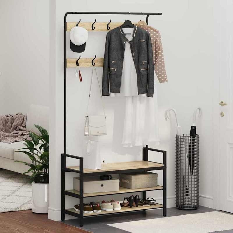 Kapstok Staande – Garderobe Rek – Jassenhanger – Schoenenrek – Halmeubel – Eiken – Ruimtebesparend Design – Stevig Multipurpose Meubel 95x34x184 cm