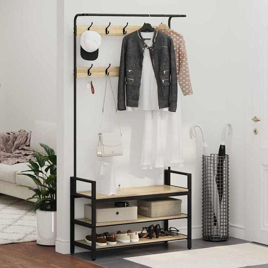 Kapstok Staande – Garderobe Rek – Jassenhanger – Schoenenrek – Halmeubel – Eiken – Ruimtebesparend Design – Stevig Multipurpose Meubel 95x34x184 cm