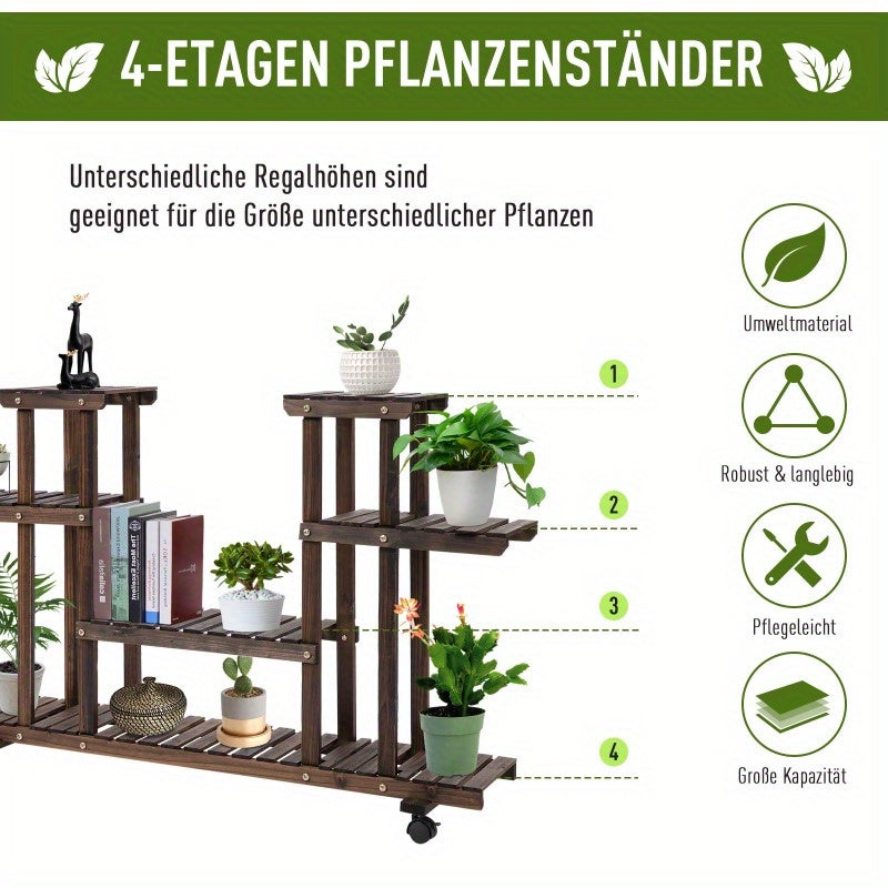 Plantentafel – Plantenrek – Bloemenstandaard – Plantenhouder – Plantenschap – Massief Verkoold Hout – 4 Lagen, 123,5 x 33 x 80 cm