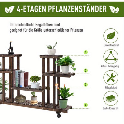 Plantentafel – Plantenrek – Bloemenstandaard – Plantenhouder – Plantenschap – Massief Verkoold Hout – 4 Lagen, 123,5 x 33 x 80 cm