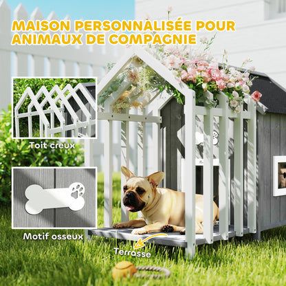 PawHut Outdoor Wooden Dog House with Terrace and Fence, Slatted Door, and Pointed Bitumen Roof, for Garden, Yard, Veranda, Patio, 106 x 62.5 x 80.5 cm, Gray