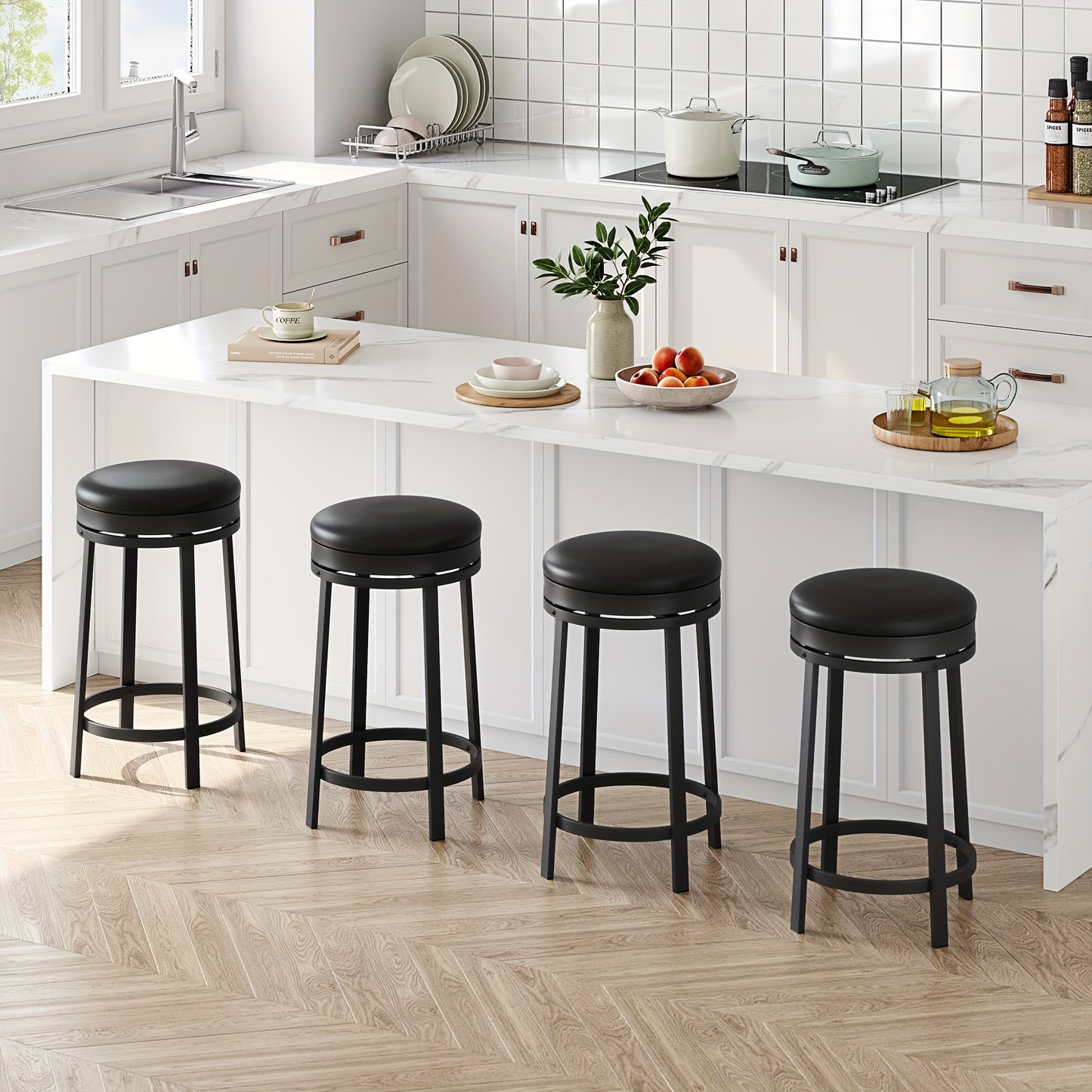 Barkrukken – Barstoelen – Barstoelen Zonder Rugleuning – Keukenstoelen – Barzetels – Draaibaar 360° – Met Voetsteun – Modern Rond Design – Onderhoudsvriendelijk