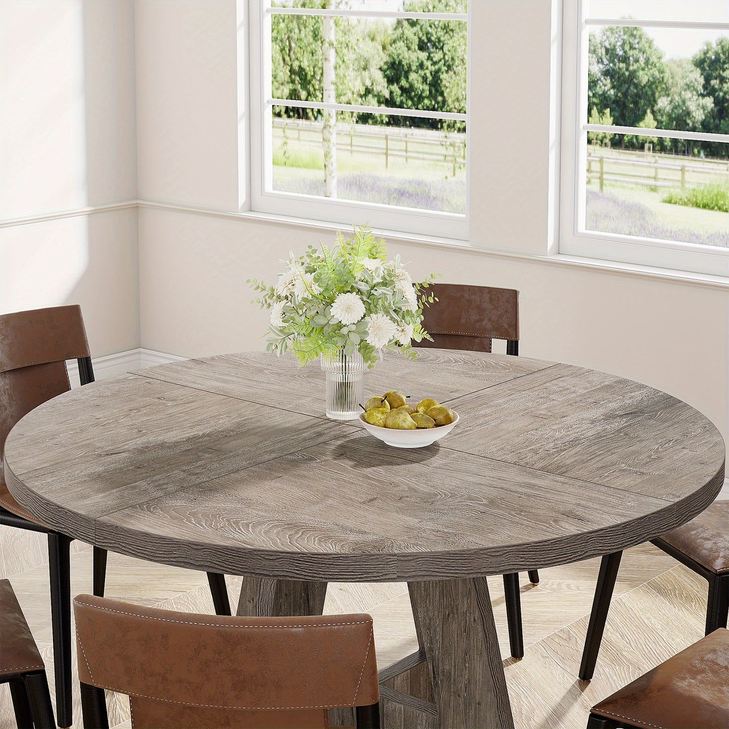 Eetkamertafel – Eettafel – Keukentafel – Ronde Tafel – Tafel – Ronde Grijze Eettafel – 120 cm Diameter – Massief Houten Blad