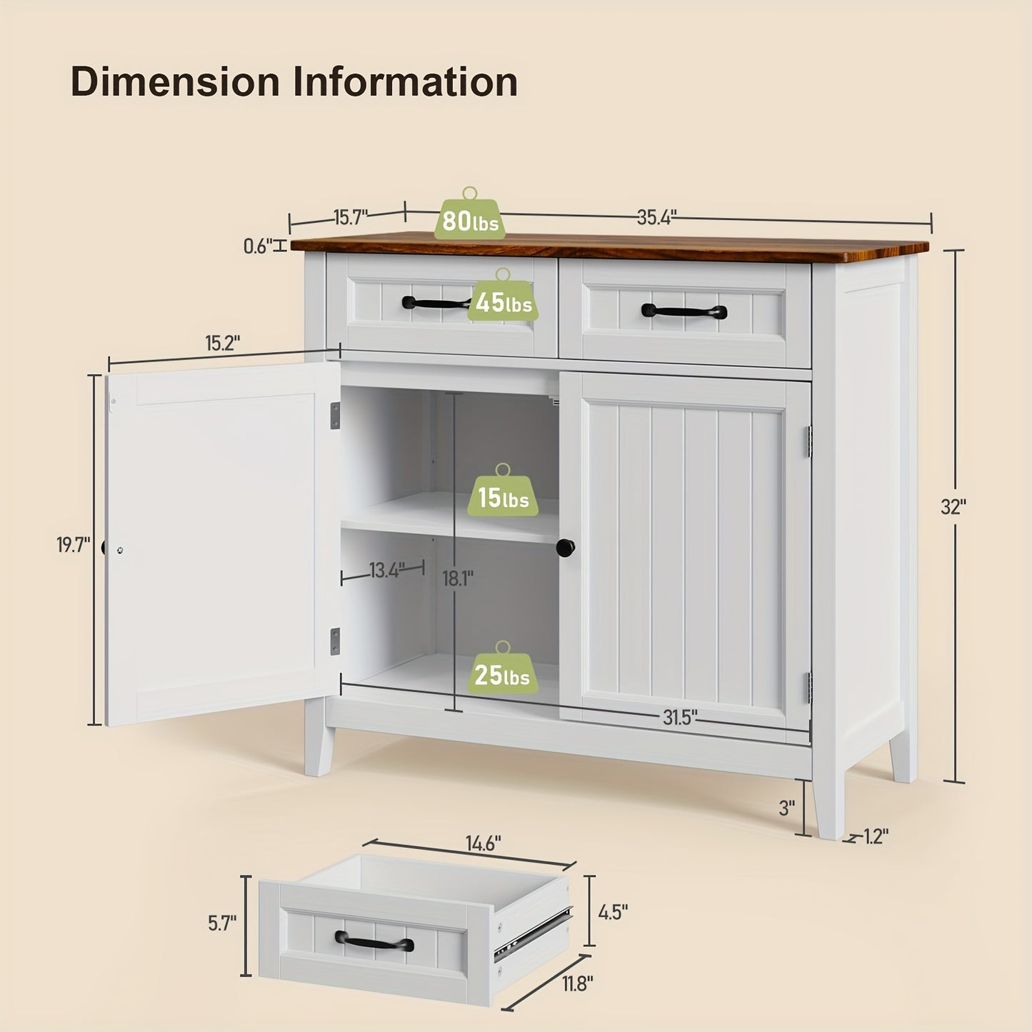 Dressoir – Opbergkast – Ladekast – Buffetkast – Keukenkast – Vintage Kleur – Hardhouten Materiaal – 81 cm Hoog