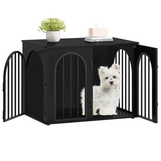 Heavy-Duty 80cm Dog Crate with 3 Doors & Arched Design - Vintage Brown/Black Metal Dog Cage for Indoor Use, Side Table, 80x56x61cm, Durable & Stylish Pet Furniture for Small to Medium Dogs, Dog Crate Furniture, Modern Pet Acc
