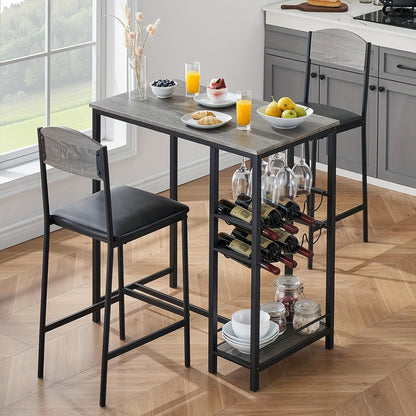 3pcs Industrial Modern Farmhouse Bar Table Set with 2 Bar Stools - Heavy-Duty Metal & Wood Kitchen/Dining Table with Wine Rack, Glass Holder & Storage Shelf, Space-Saving Design for Small Spaces, Rustic Brown/ Finish, Ideal f