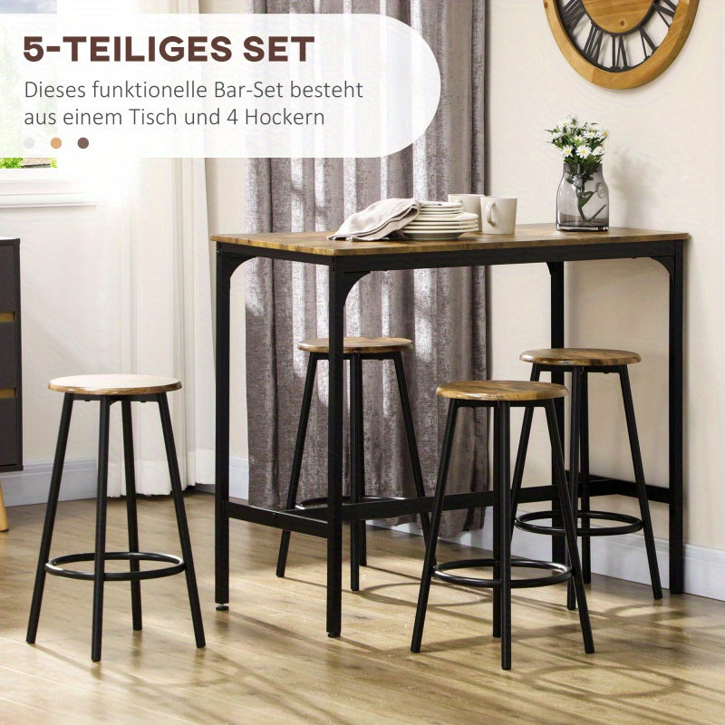 5-delige Eettafelset – Eetgroep – Barset – Keukentafelset – Industrieel Design – Rustiek Bruin – Stevig Metaal Frame – Ruimtebesparend Compact