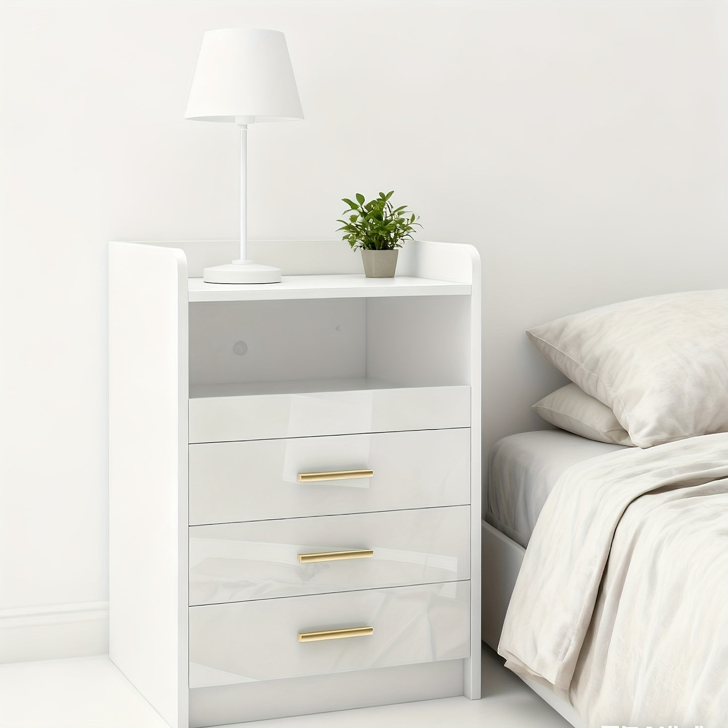 Witte Moderne Nachtkast – Zwaar Belastbaar, 3 Lades en Open Plank – Compacte, Smalle Kast voor Kleine Ruimtes met Gouden Knoppen, Houten Look Bovenblad, Eenvoudige Montage