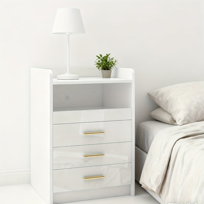 Witte Moderne Nachtkast – Zwaar Belastbaar, 3 Lades en Open Plank – Compacte, Smalle Kast voor Kleine Ruimtes met Gouden Knoppen, Houten Look Bovenblad, Eenvoudige Montage