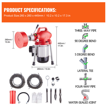 Ontstopper – Rioolontstopper – Gootsteenontstopper – WC Ontstopper – Afvoerontstopper – 370W Motor – 36,5 Meter Gehard Stalen Kabel