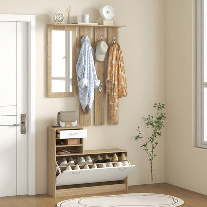 Halmeubel – Kapstok – Schoenenkast – Halbank – Garderoberek – 3-in-1 Multifunctioneel – Melamine Spaanplaat – 6 Haken & Spiegel – Natuurlijk Houtwit