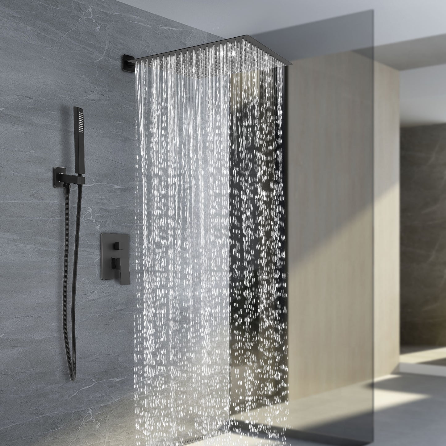 Inbouwdoucheset – Doucheset – Regendouche – Handdouche – Douchearmatuur – Zwart – 40x40 cm Regenkop – Roestvrijstalen Slang 1,5m