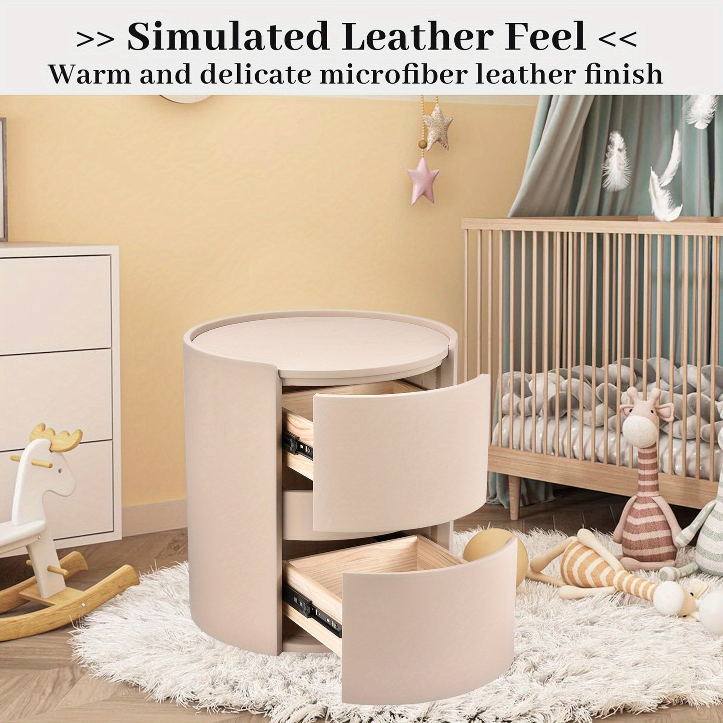 Ronde Nachtkast – Nachtkastje – Bedside Table – Dressoir – Bijzettafel – Oranje Zadelleren Bovenblad – Massief Hout – 2 Laden – Compact 45x45x50 cm