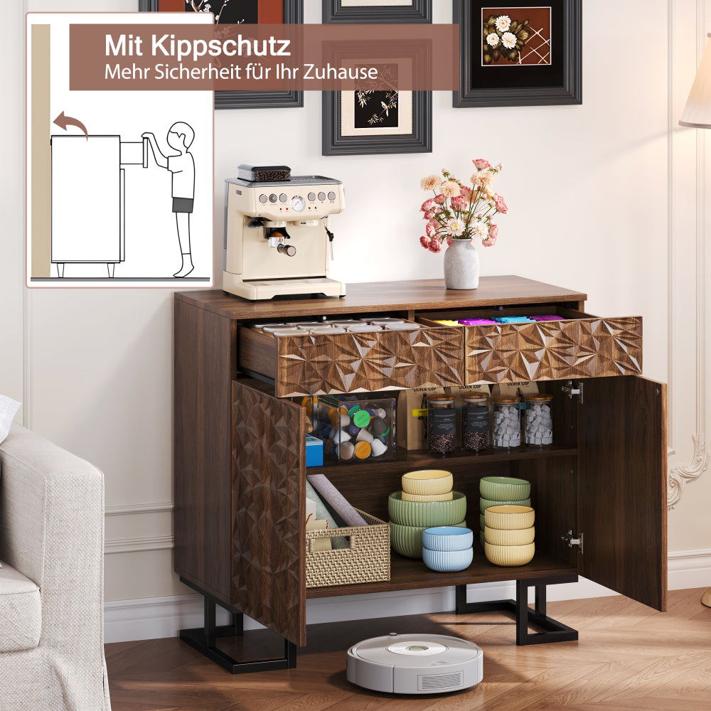 Dressoir – Opbergkast – Ladekast – Buffetkast – Sideboard – Donkerbruin Walnootfineer – 2 Laden en 2 Deuren – Grepenloos Design – Metalen Poot – 80x40x78 cm