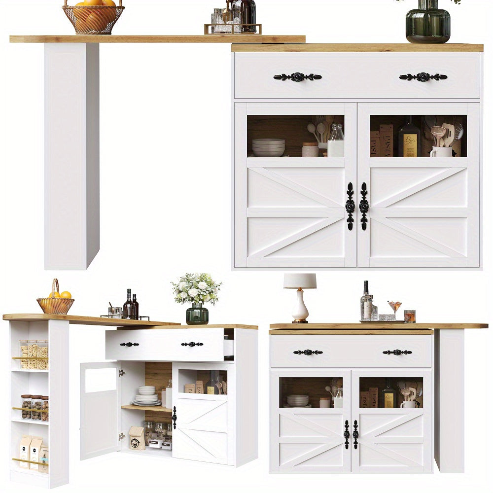 Barkast – Wijnrek – Barmeubel – Keukentrolley – Drankkast – Uitschuifbaar 138-204 cm – 360° Draaibaar Blad