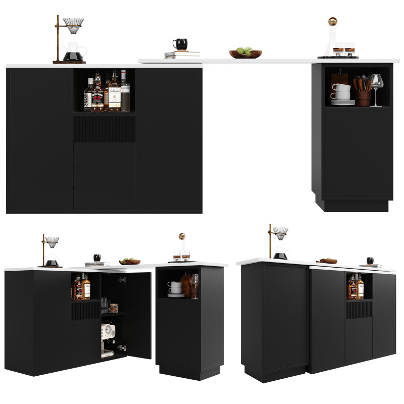 Bartafel – Barkruk Tafel – Keukentafel – Barmeubel – Zwart MDF Design – 360° Draaibaar – 210x30x100,9 cm – Marmerlook Werkblad – Ruime Opbergruimte