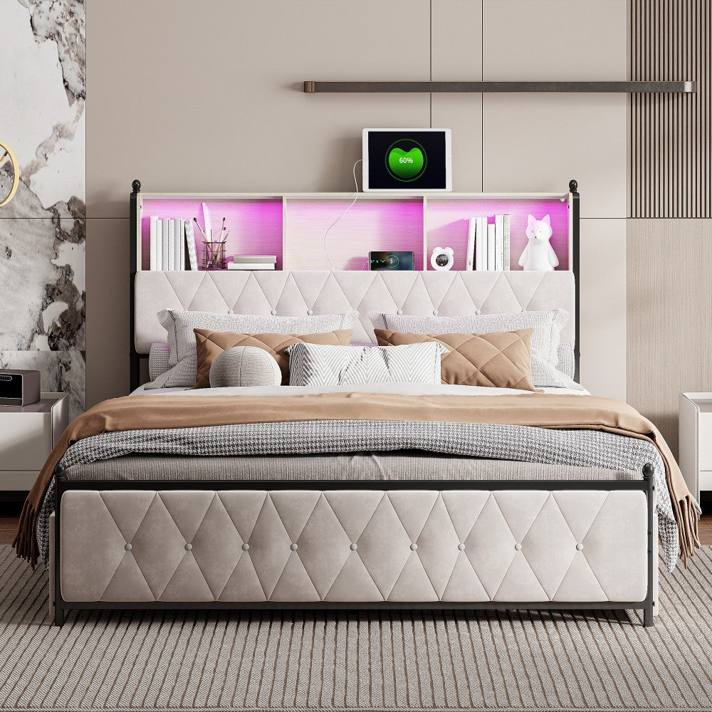 Tweepersoonsbed – Opbergbed – Bed met Lade – LED Hoofdbord – 180x200 cm – Fluweel Bekleed – USB Oplaadpoort – Luxe Beige