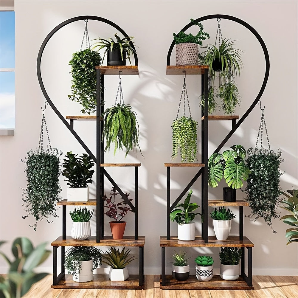 Plantenrek – Plantenstandaard – Bloemenrek – Plantentafel – Plantenetagère – Set van 2 Hartvormige Standaards – MDF en Metaal – 6 Lagen