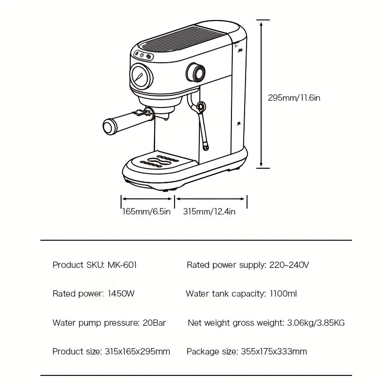 1 Unit CAFELFFEMK-601 Espresso Machine with Milk Frother, 20bar Extraction, Visible Pressure Gauge, Stainless Steel Body, Removable Drip Tray, 1.1L Water Capacity, Coffee Shop Gift Suitable for Lovers/father/mother, Office Eq