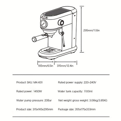 1 Unit CAFELFFEMK-601 Espresso Machine with Milk Frother, 20bar Extraction, Visible Pressure Gauge, Stainless Steel Body, Removable Drip Tray, 1.1L Water Capacity, Coffee Shop Gift Suitable for Lovers/father/mother, Office Eq