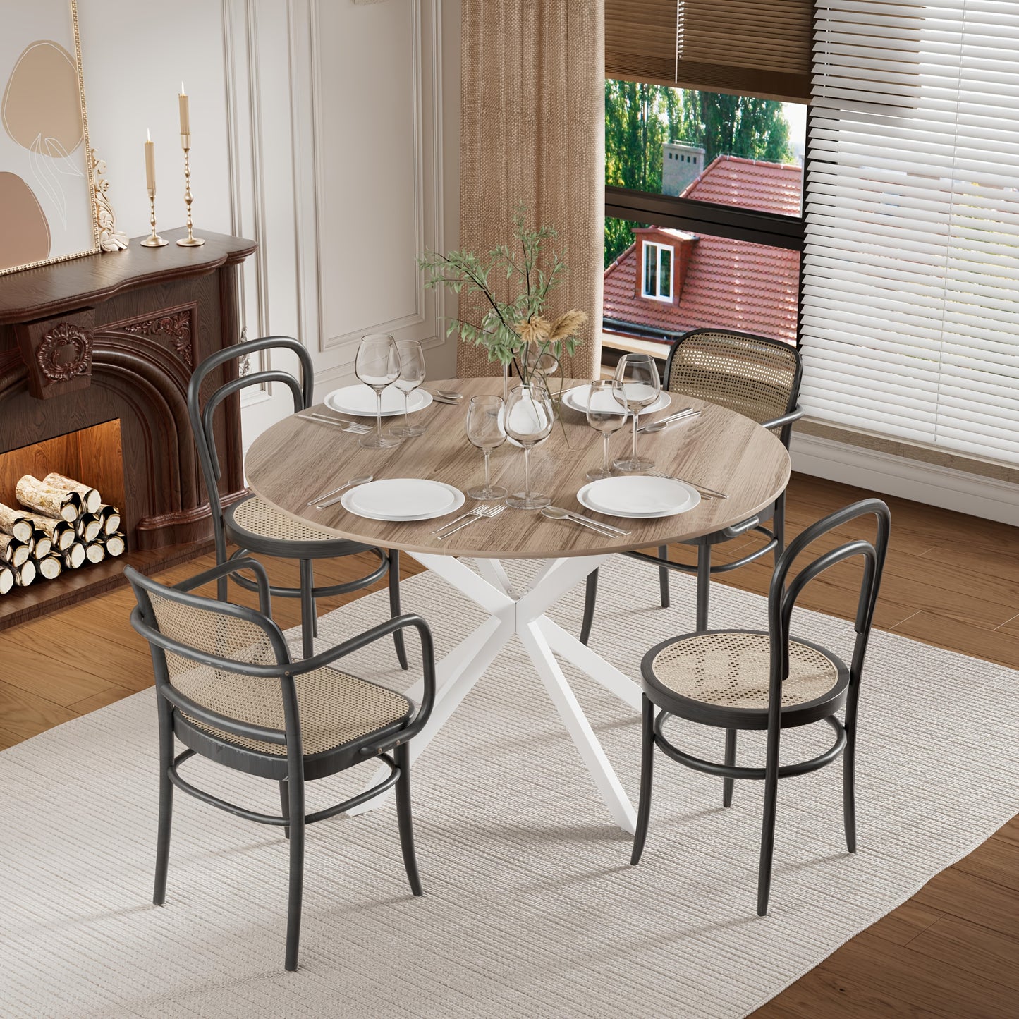 Eettafel – Ronde Tafel – Keukentafel – Eetkamertafel – Houten Tafel – 120 cm Diameter – X-Vormig Metalen Onderstel – Geschikt Voor 4-6 Personen