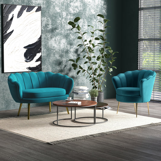 Fauteuil – Relaxstoel – Designstoel – Armstoel – Loungestoel – Blauwe Fluwelen Bekleding – Metalen Frame – Compacte Afmetingen – Gouden Poten