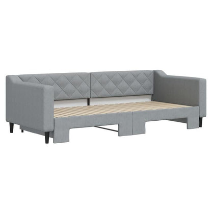 Slaapbank – Bedbank – Bankbed – Logeerbed – Opklapbed – Lichtgrijs Stof – Uitschuifbaar 90x200 cm – Massief Hardhouten Frame