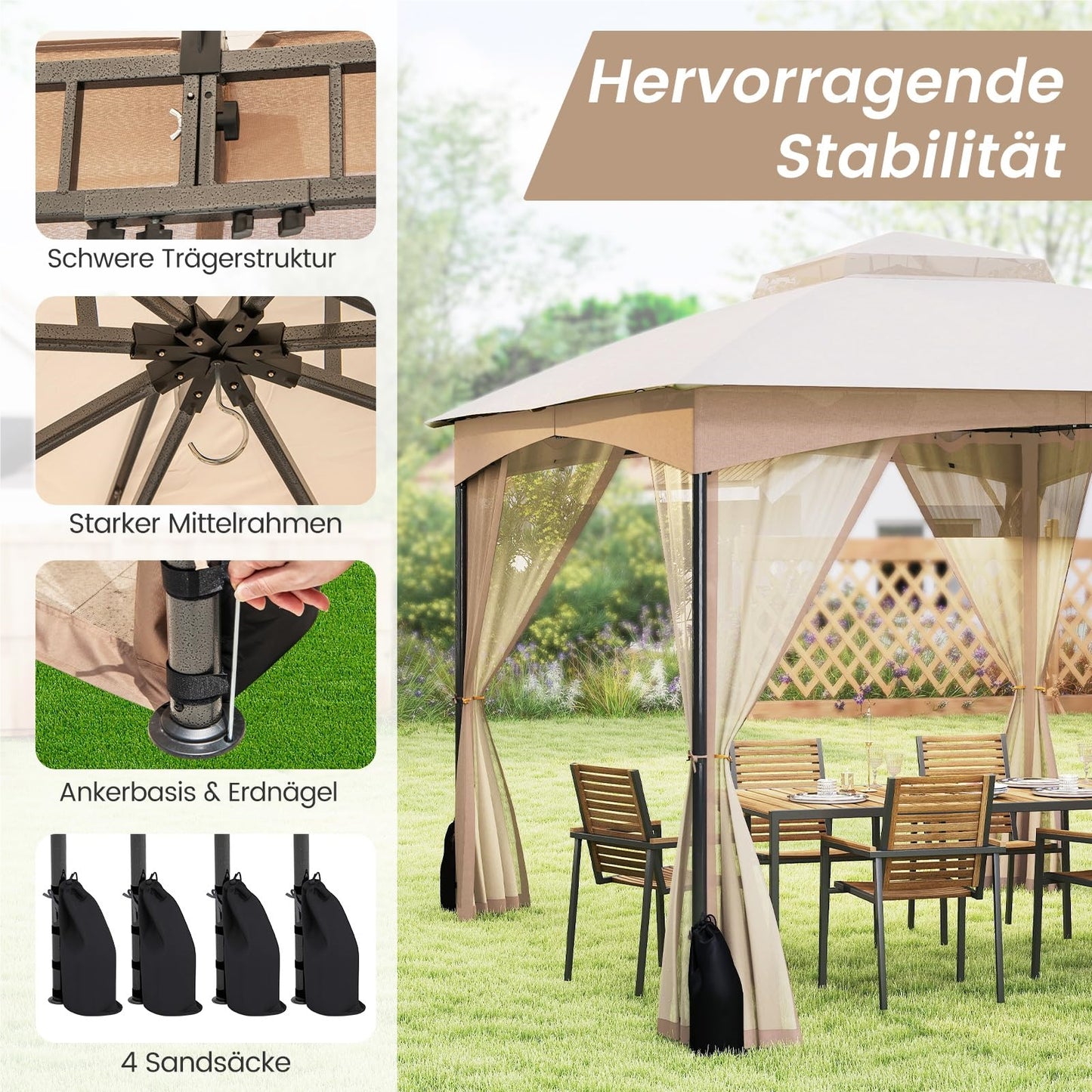 Paviljoen – Tuinpaviljoen – Partytent – Overkapping – Tuintent – 3 x 3,6 meter – Waterdicht en Winterbestendig – Inclusief 4 Muggenhorren en Zandzakken – Dubbel Dak – Khaki