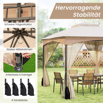 Paviljoen – Tuinpaviljoen – Partytent – Overkapping – Tuintent – 3 x 3,6 meter – Waterdicht en Winterbestendig – Inclusief 4 Muggenhorren en Zandzakken – Dubbel Dak – Khaki