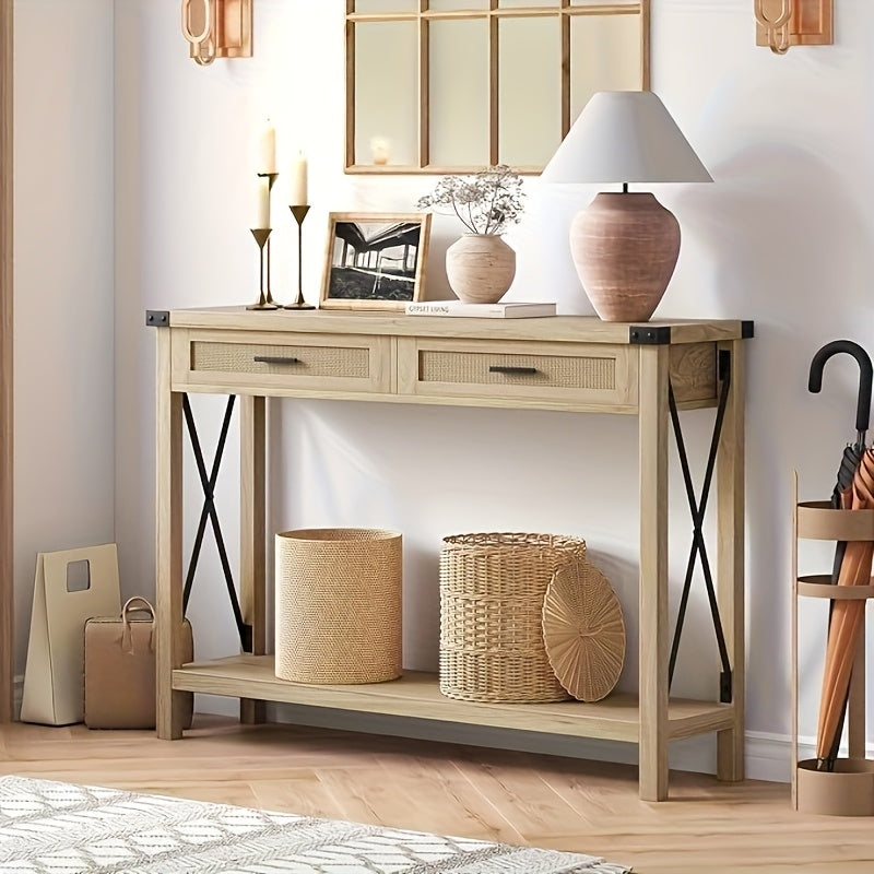 Rustieke Sidetable – Bijzettafel – Haltafel – Sofa Tafel – Opbergmeubel – Burlwood Variant – Houten Frame – 2 Rieten Lades – Open Opbergplank – 109 cm Breedte – Eenvoudige Montage