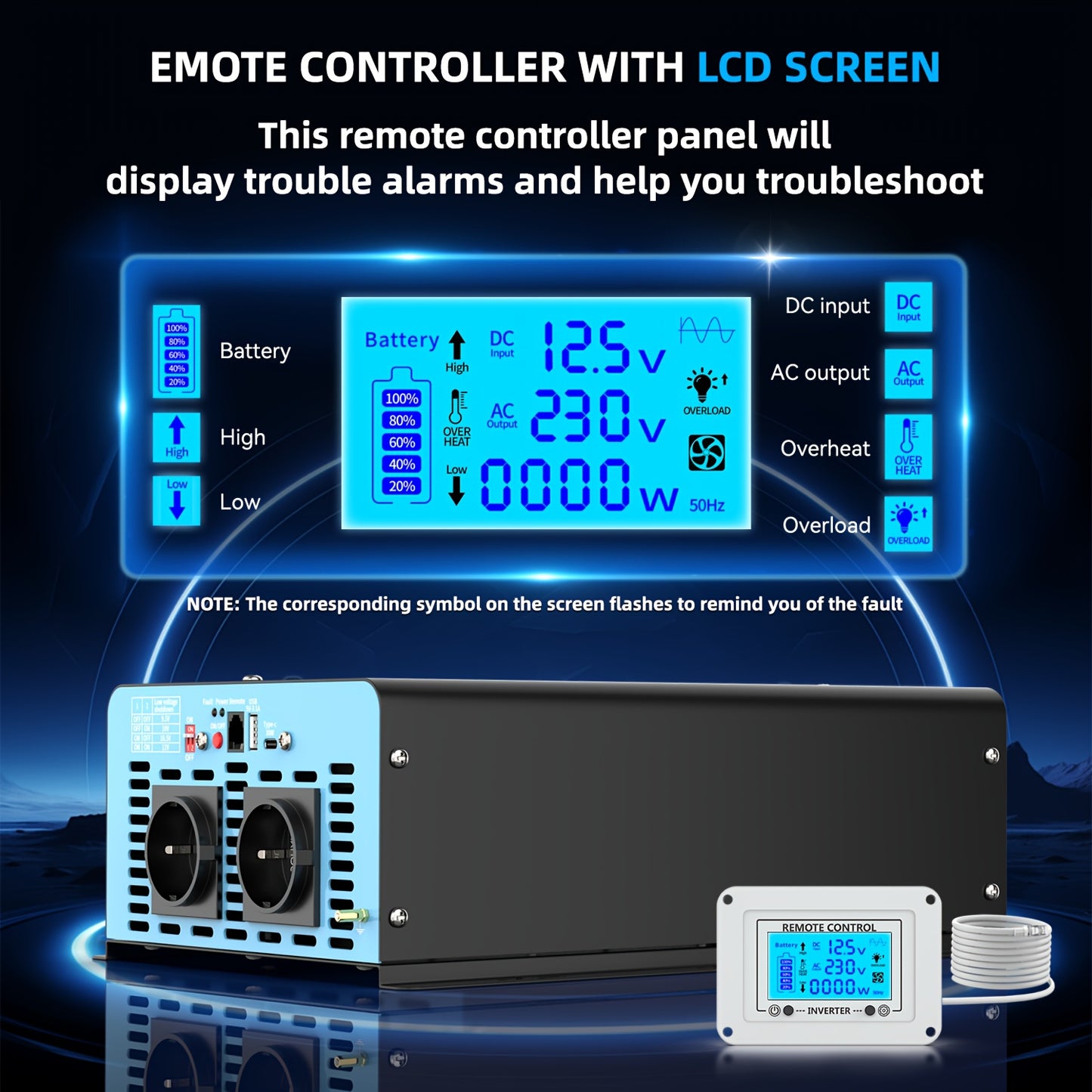 Zuivere Sinus Omvormer – Stroomomzetter – Inverter – Spanningsomzetter – DC naar AC Omvormer – 2500W Continu Vermogen – LCD Display en Afstandsbediening