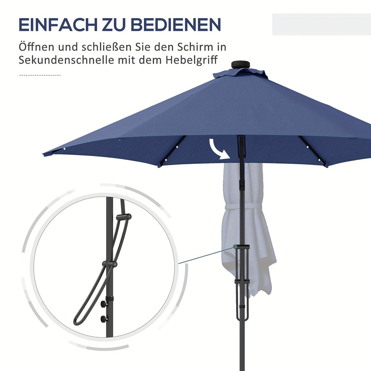 Parasol – Zonnescherm – Buitenscherm – Terrasparasol – Stabiele Parasol – Verstelbare Hoogte – Aluminium Frame – Donkerblauw Polyester – Kruisvoet 55-60 kg – Handmatige Slinger
