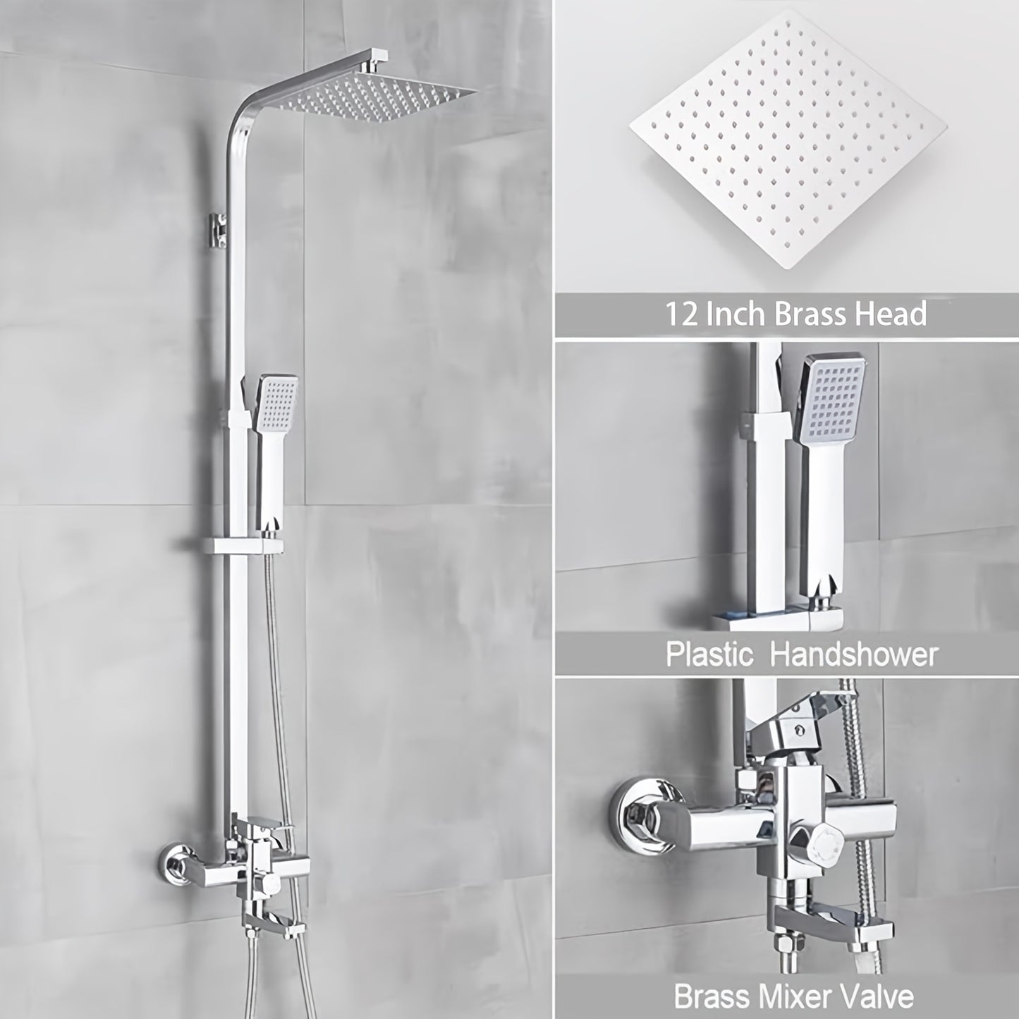 Regendouche Set – Douchekop – Handdouche – Wanddouche – Massage Douche – Chrome Afwerking – 30,48 cm Vierkante Kop – Vier Standen Met Waterbesparing